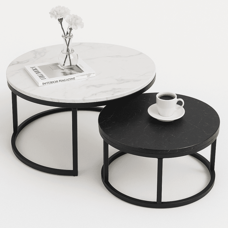 Zestaw okrągłych stolików kawowych 2w1 biało czarny marmur 60 i 80 cm STL14BCZ