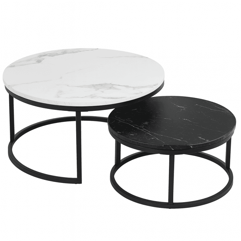 Zestaw okrągłych stolików kawowych 2w1 biało czarny marmur 60 i 80 cm STL14BCZ